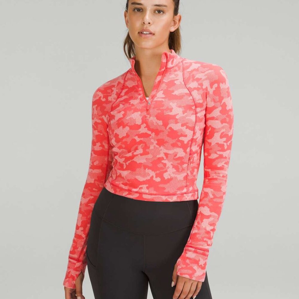 Lululemon Its Rulu Run Cropped Half Zip Heritage Camo Jacquard Pale Raspberry